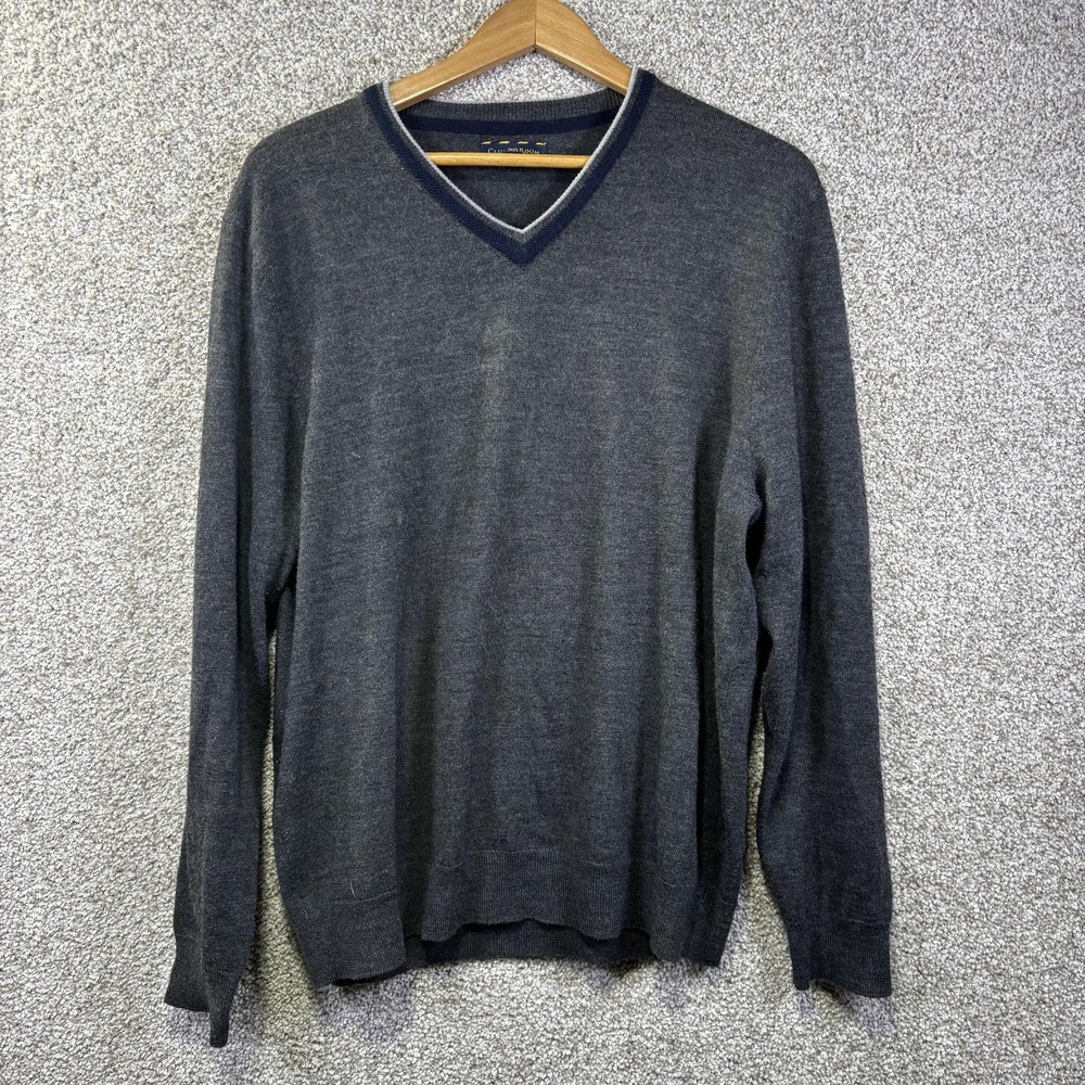 Club Room Sweater Mens Large‎ Gray Merino Wool V Neck Lightweight Knit Pullover